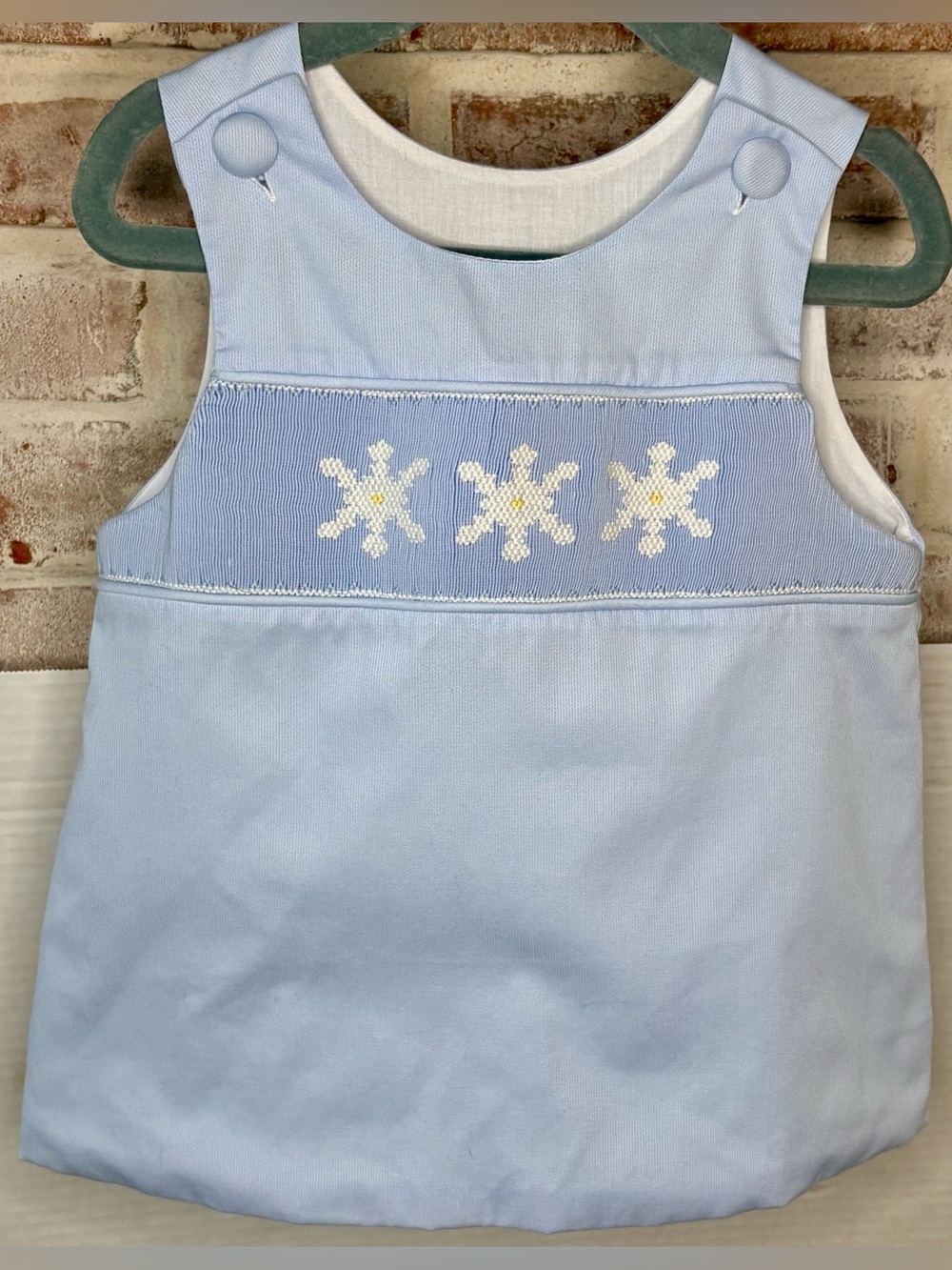 Remember Nguyen Girls 3T Blue Snowflake Pinafore Top Smocked Winter - Picture 2 of 10